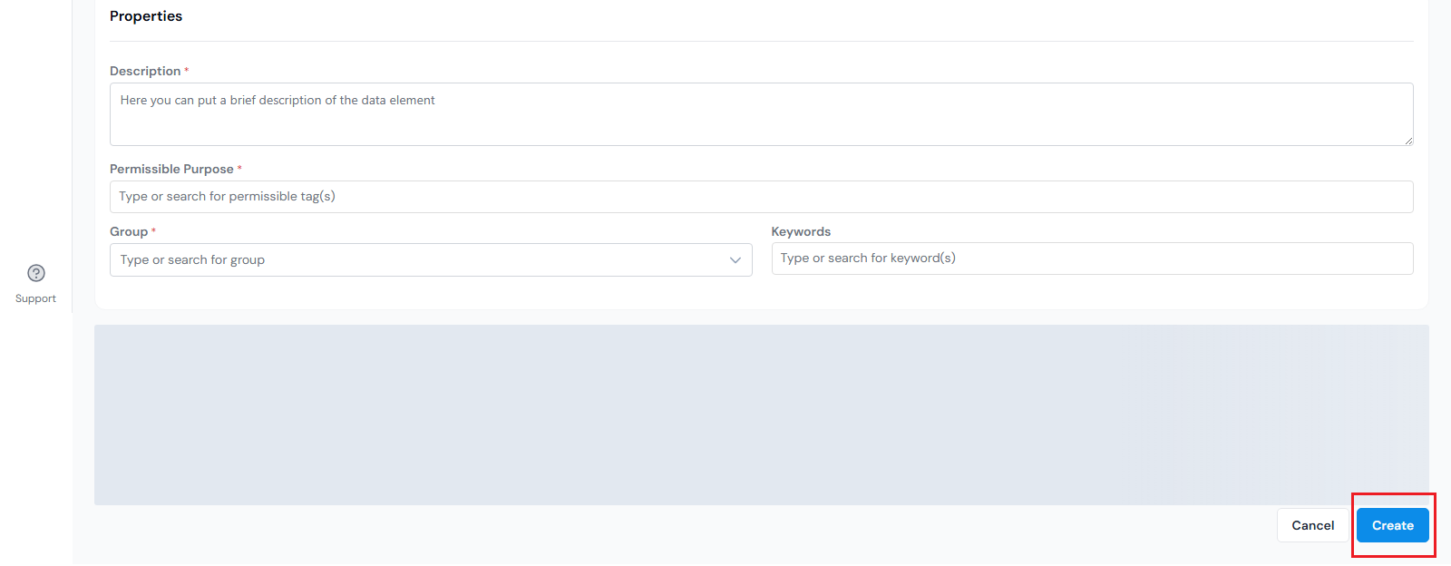 Create button at the bottom right of the form.