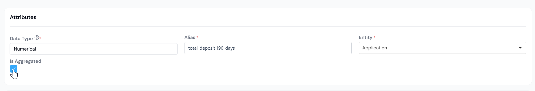 Attributes section for an aggregated Data Element with Data Type, Alias, Entity filled in and Is Aggregated ticked.