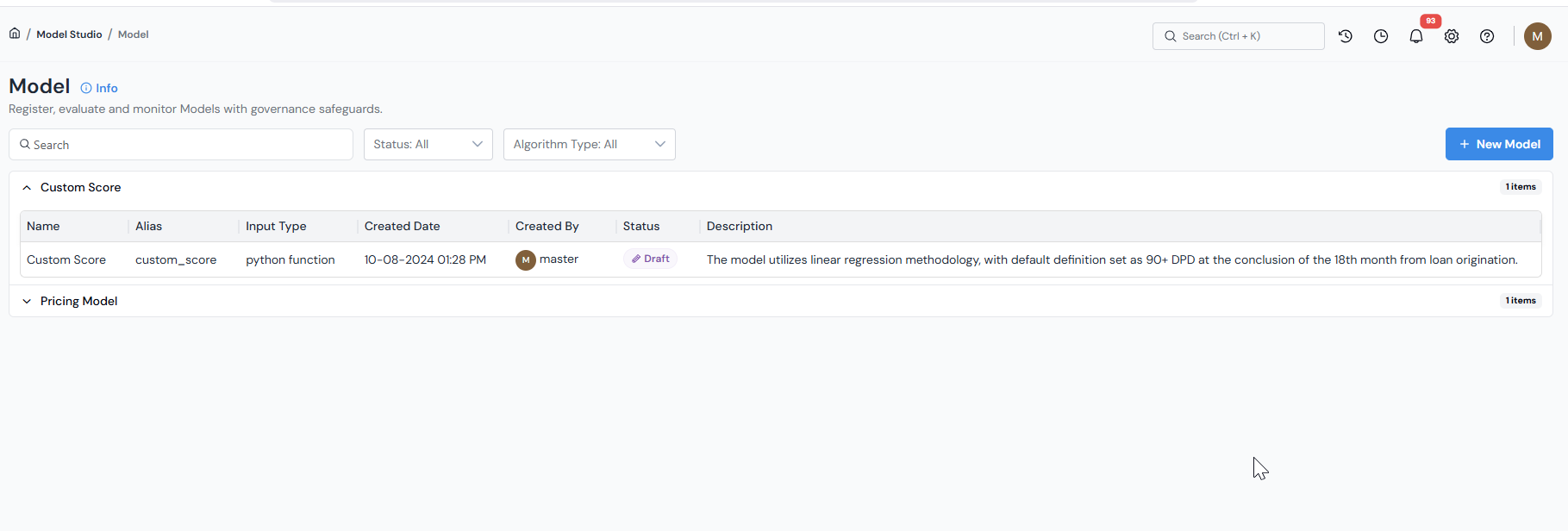 Model Registry list page with the + New Model button at the top right.