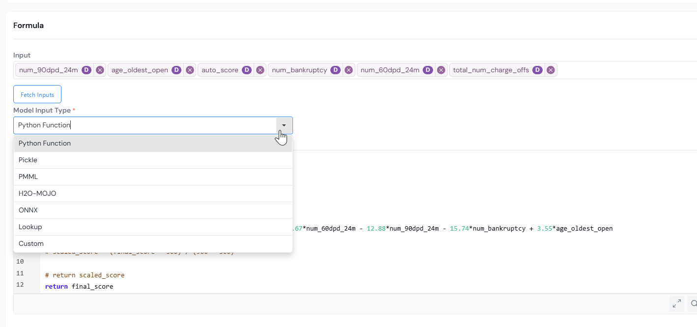 Formula section with the Model Input Type selector open, listing Python Function, Pickle, PMML, H2O MOJO, ONNX, and Custom.