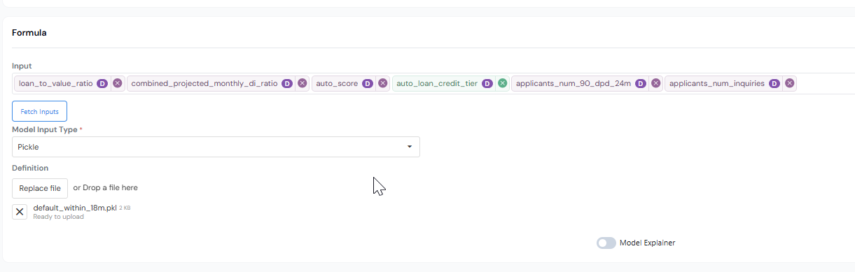 Formula section with a Pickle model uploaded and Test Syntax visible.