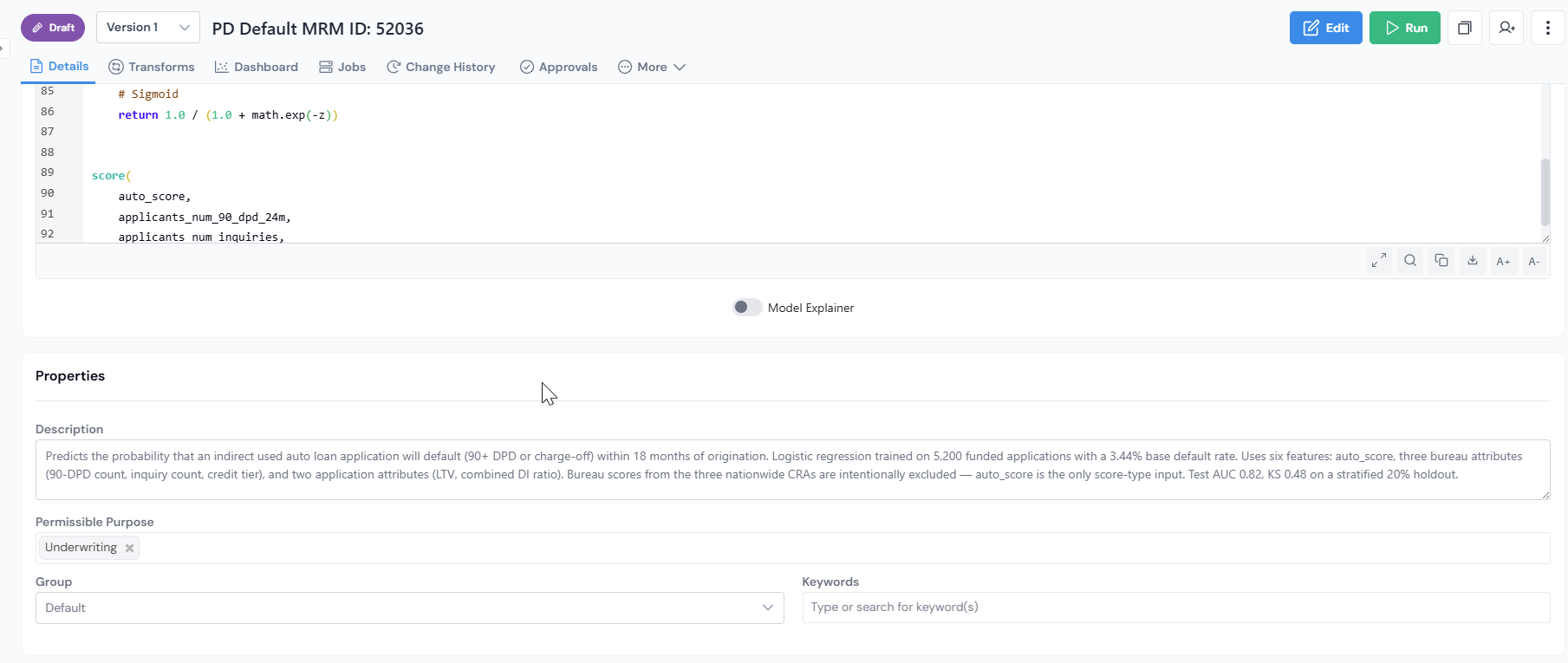 Properties section with Description, Group, Permissible Purpose, Approval Workflow, and Keywords filled in.