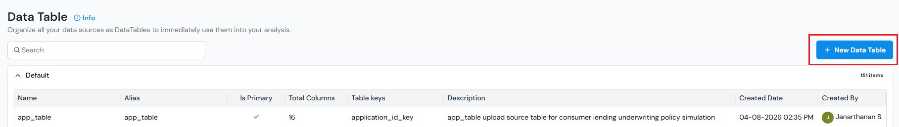 Table Registry page in Corridor with the + New Data Table button highlighted.