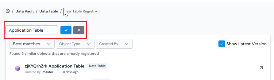 New Data Table form with the name field at the top.