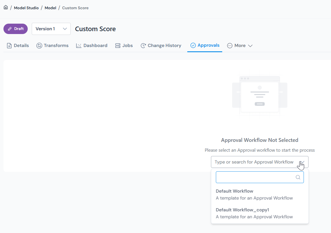 Workflow dropdown open, listing the available approval workflows.