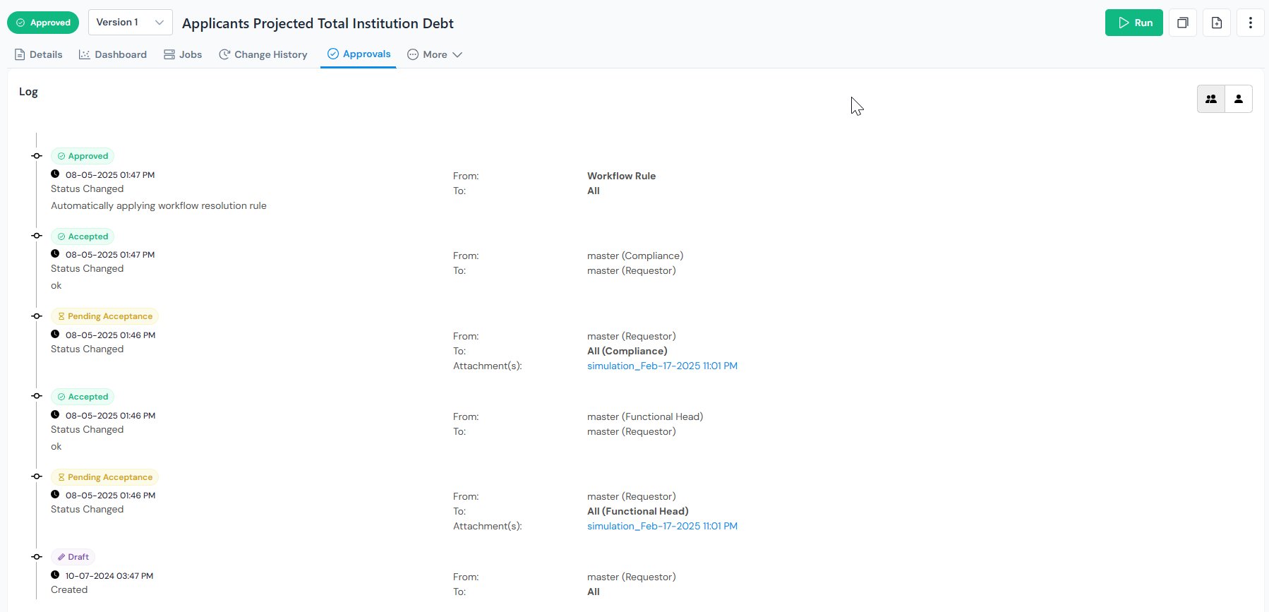 Audit log for a registered model in Corridor showing change history with timestamps and authors.