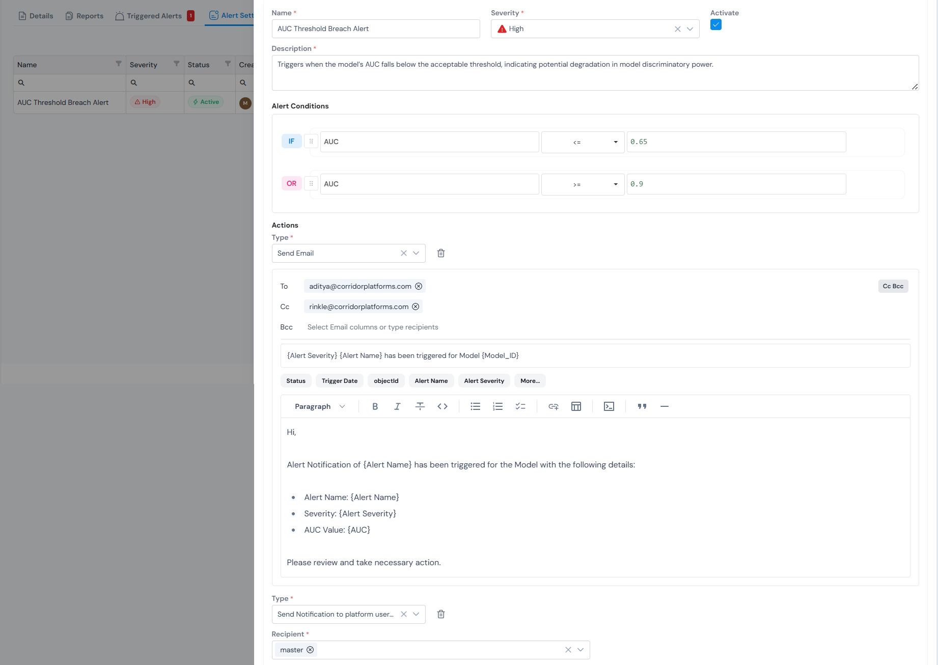 Monitoring dashboard alerts for a registered model in Corridor.