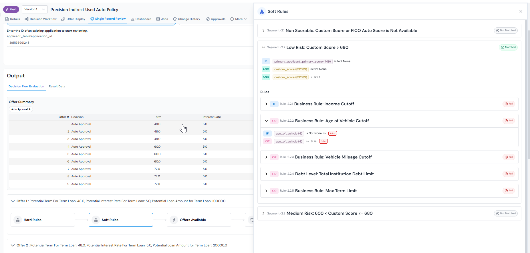 Single Record Review for a policy in Corridor, showing the path an individual application took through the decision workflow.
