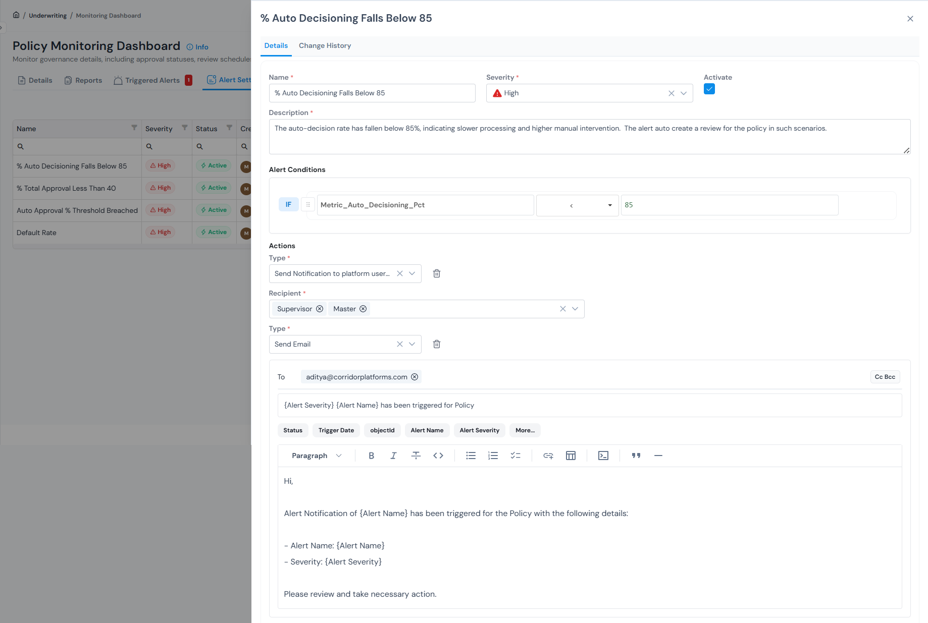 Policy monitoring dashboard in Corridor with KPI tiles, triggered alerts, and email notifications.
