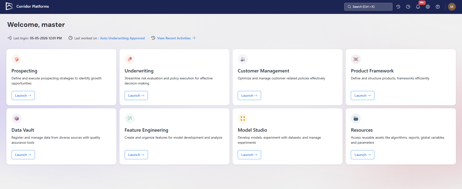 Corridor Platforms home page after login, showing eight module tiles: Prospecting, Underwriting, Customer Management, Product Framework, Data Vault, Feature Engineering, Model Studio, and Resources.
