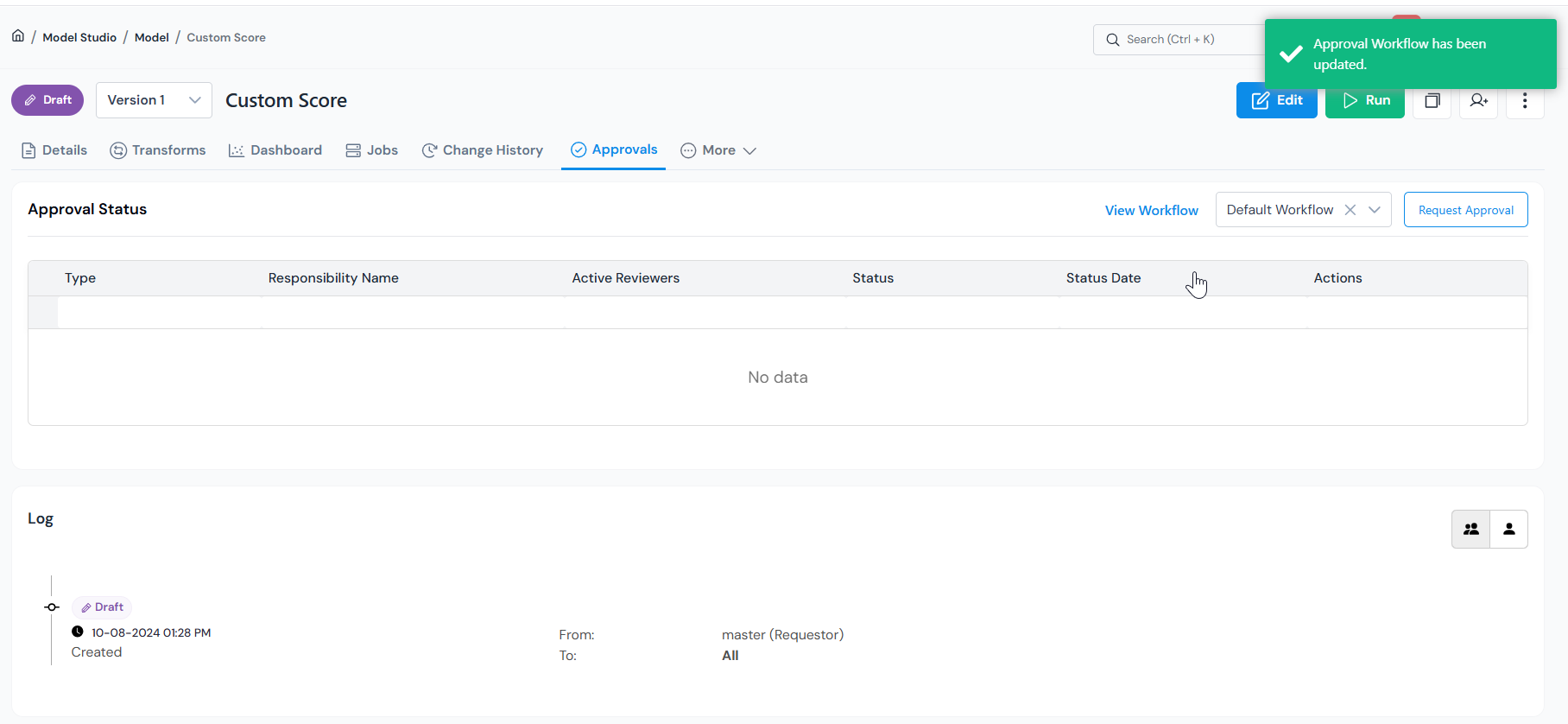 Approvals tab with a workflow selected, showing View Workflow and Request Approval controls.