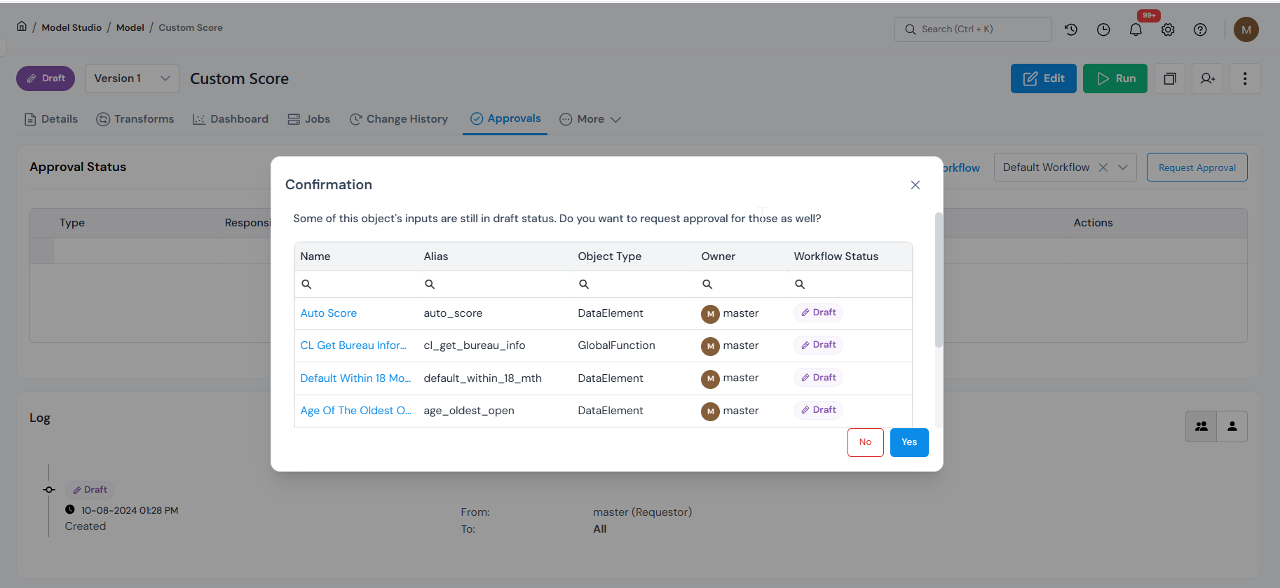 Confirmation dialog listing the object's draft inputs with Yes and No buttons.