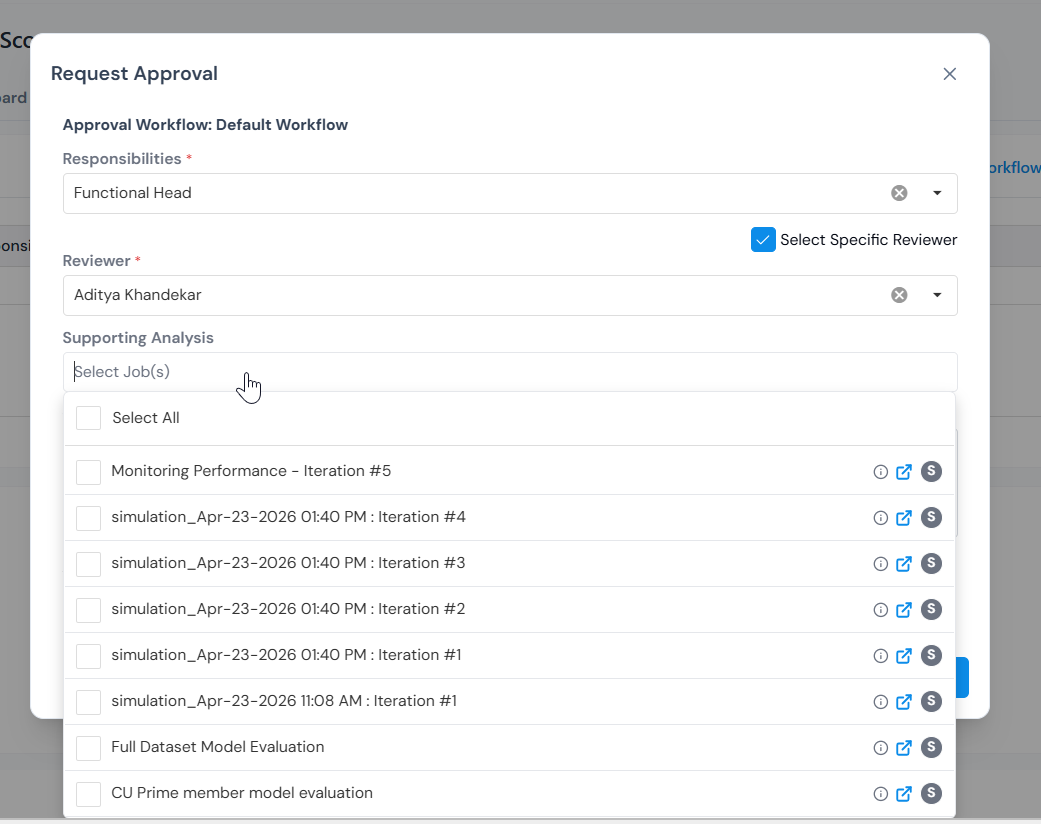 Supporting Analysis dropdown open, listing simulations that can be attached as evidence.