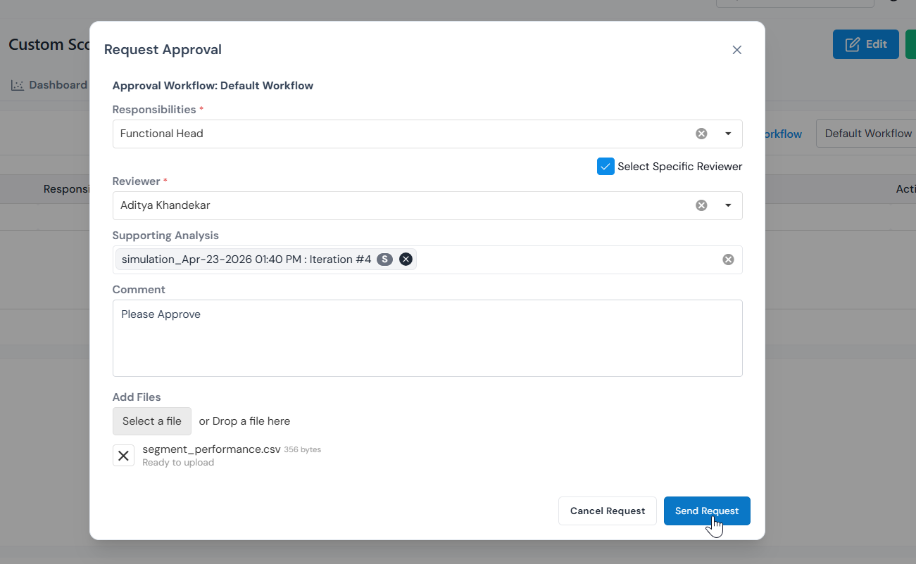 Completed Request Approval form with a responsibility, reviewer, attached simulation, comment, and file.