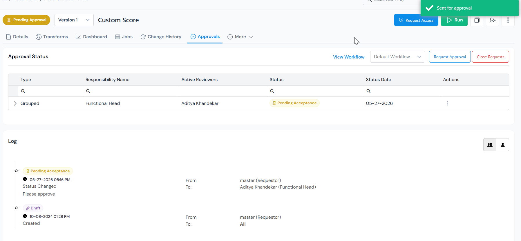 Approvals tab in Pending Approval state with one request row and the Log timeline below.