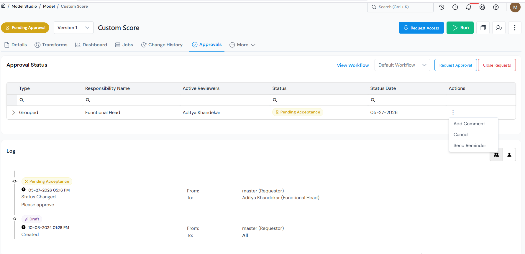 Three-dot Actions menu open on a request row, showing Add Comment, Cancel, and Send Reminder.