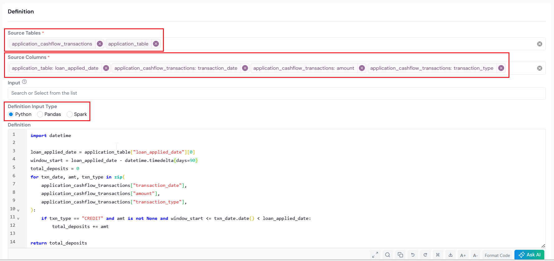 Definition section for an aggregated Data Element showing Source Tables, Source Columns, and the Definition Input Type selector.