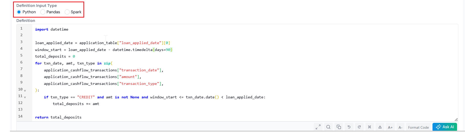 Definition editor with Python selected as the Definition Input Type.