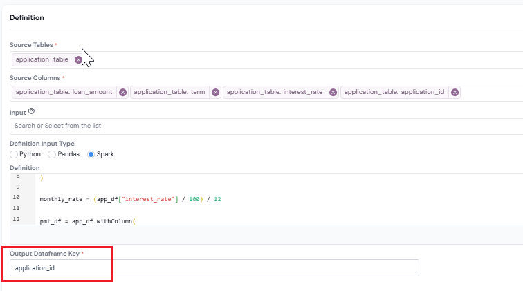 Output Dataframe Key field with the entity key column name entered.