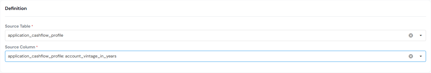 Definition section showing Source Table and Source Column dropdowns.