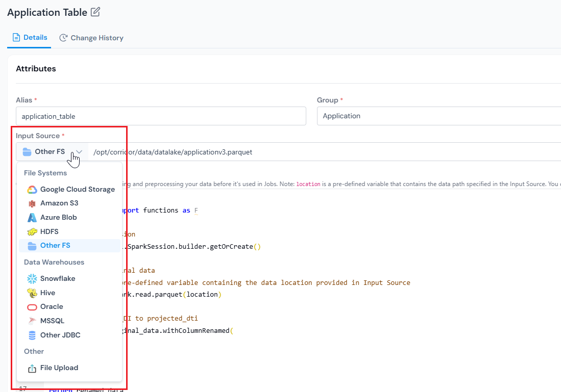 Input Source selector showing source types in the New Data Table form.