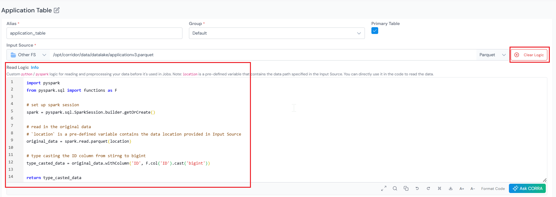 Add Logic editor in the New Data Table form with Clear Logic option.