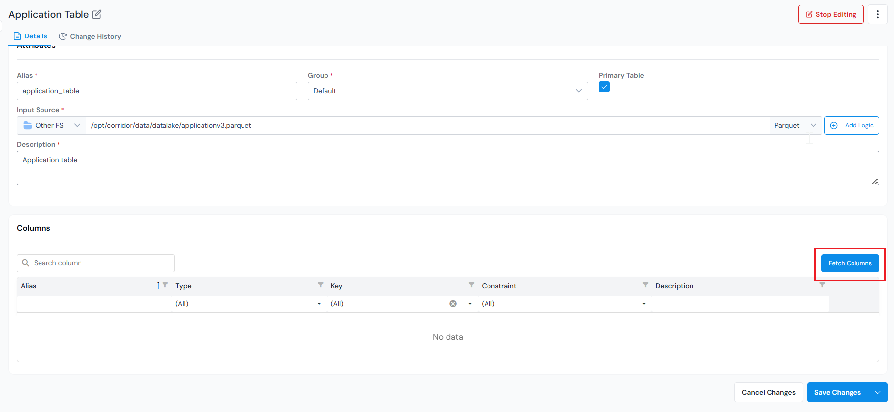 Fetch Columns action on the Data Table details page.