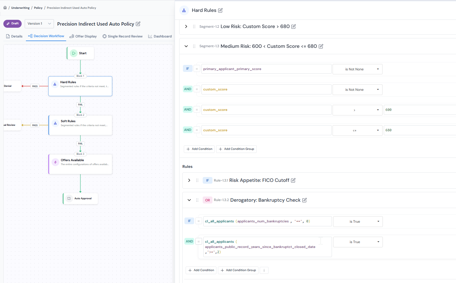 Rule builder used to define pass/fail conditions inside an Application Decision block.