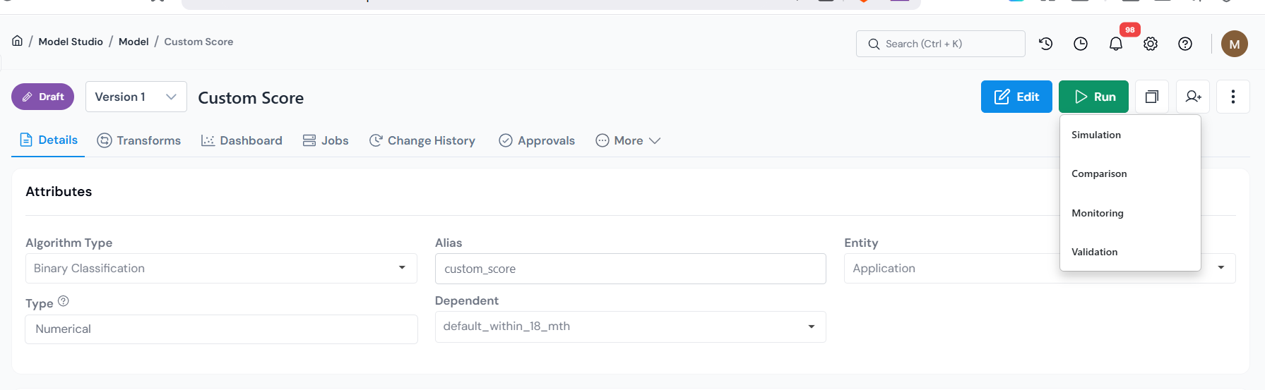 Run dropdown on a registry page with Simulation selected.