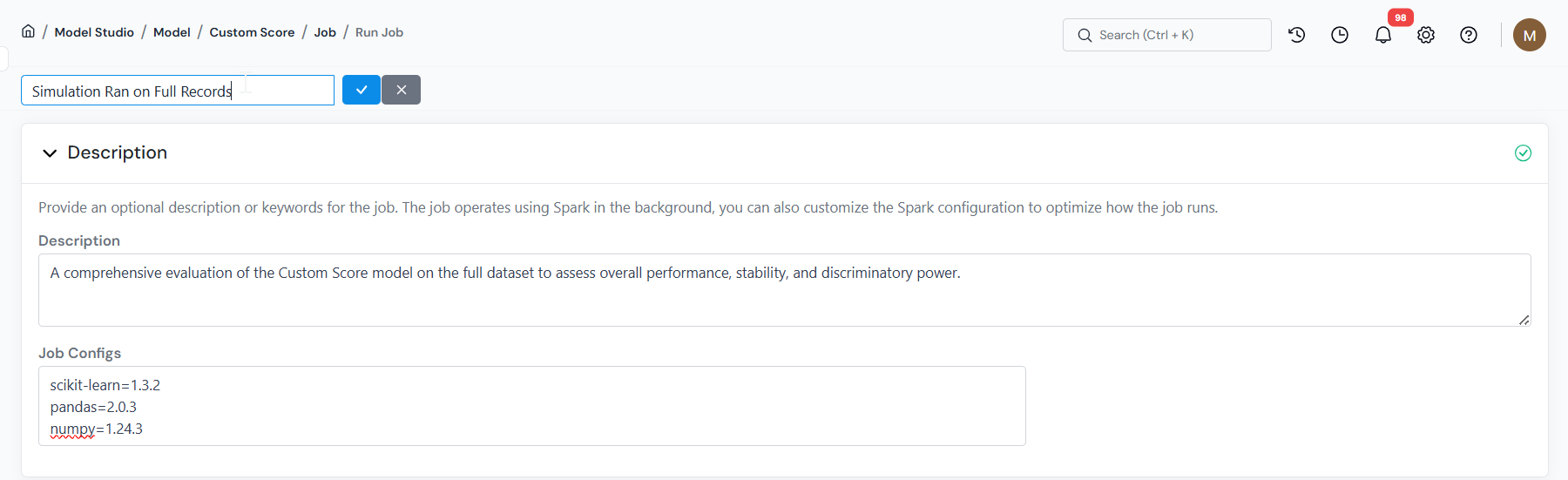 Description section with the notes field and Job Configs editor.