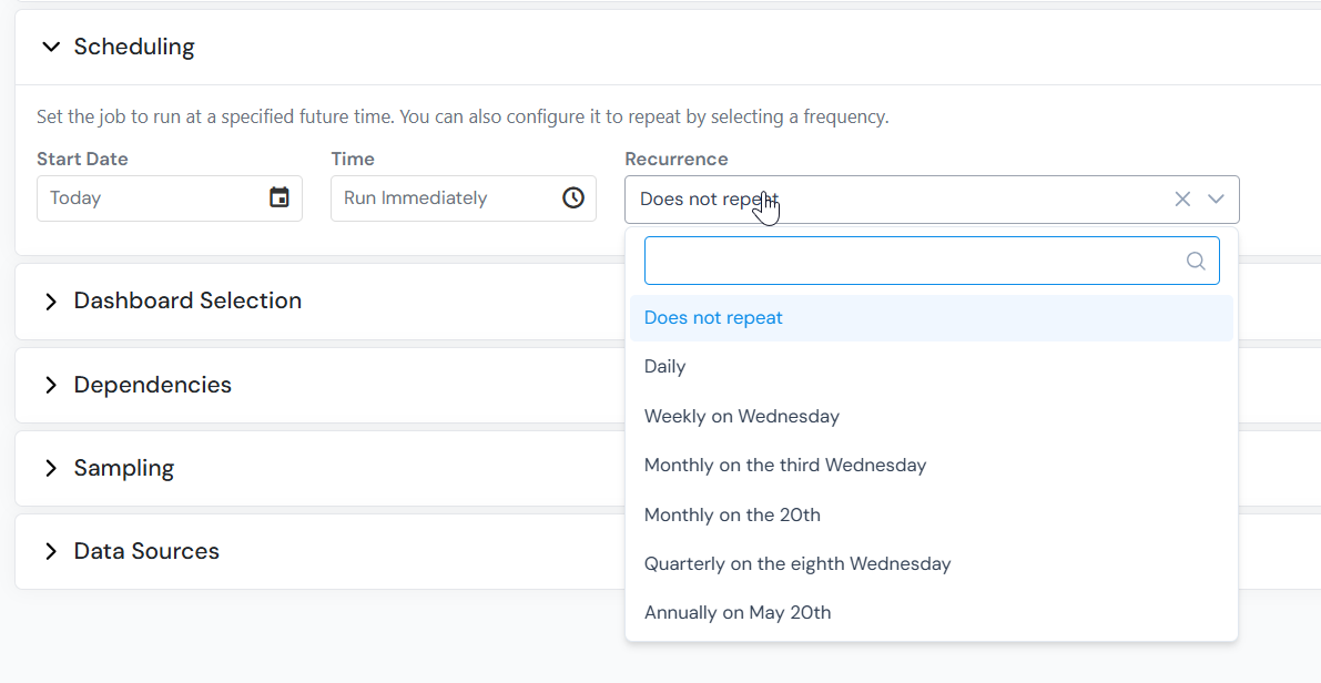 Scheduling section with Start Date, Time, and Recurrence controls.