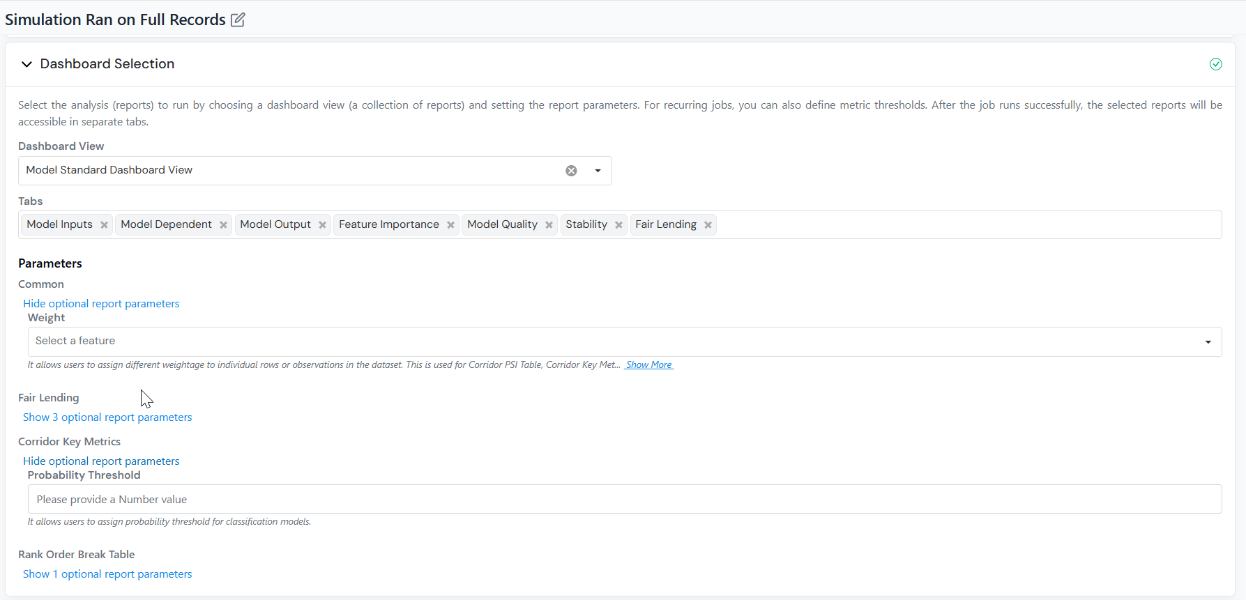 Reports section with a report selector and expandable Parameters groups.