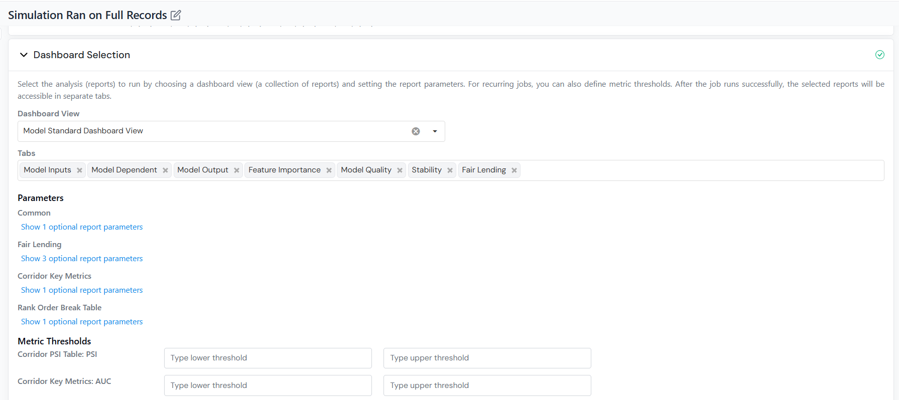Metric thresholds in the Reports section for scheduled tracking reports.
