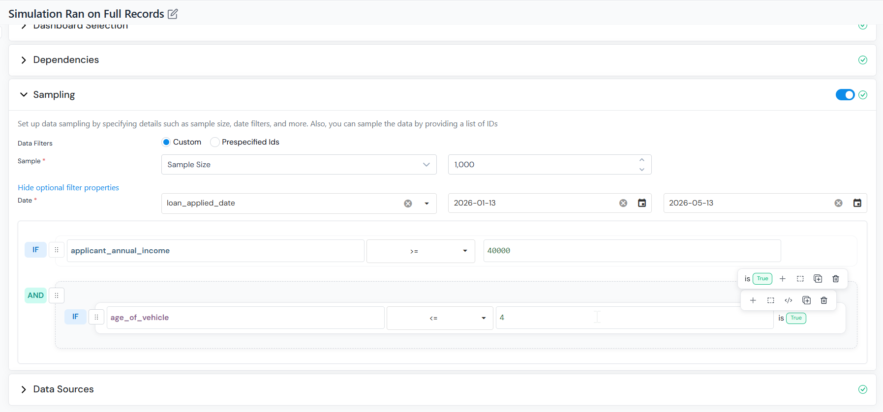 Sampling section in Custom mode with sample size, optional date filter, and additional rules.