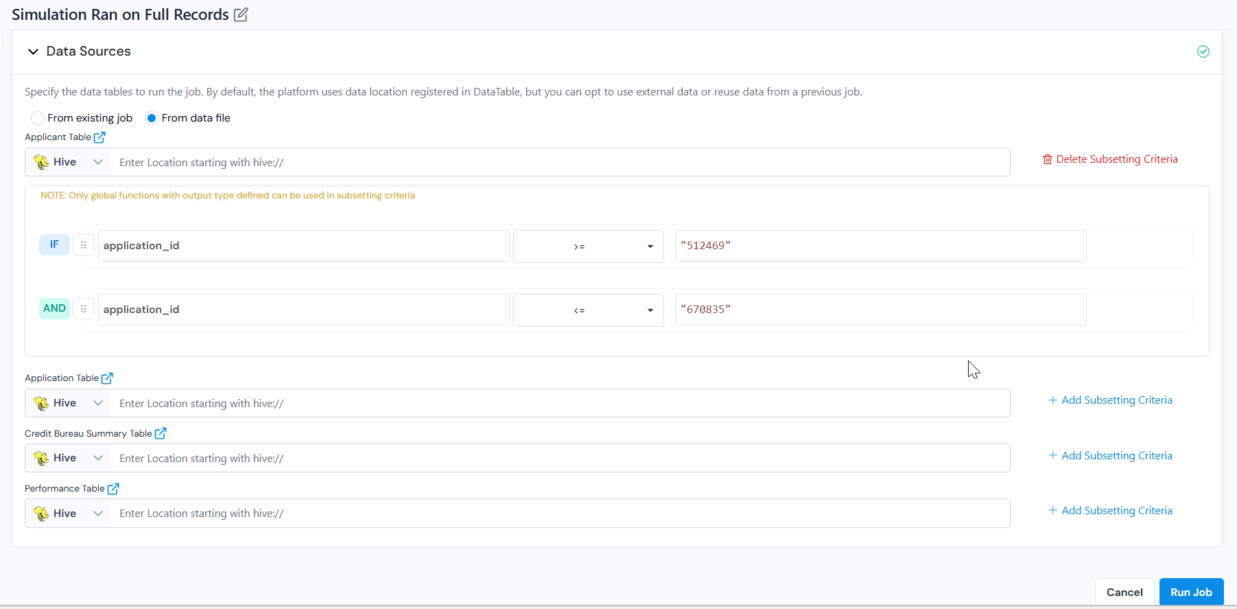 From data file source with per-table location overrides and Add Subsetting Criteria.
