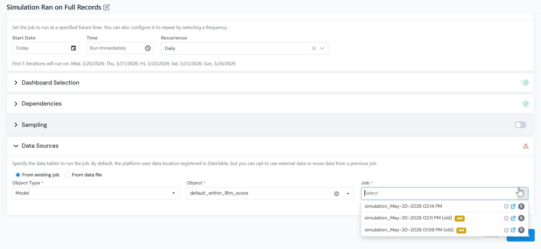 From existing job source with Object Type, Object, and Job selectors.